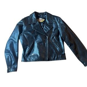 Vintage Harley Davidson Black Leather Croc Embossed Motorcycle Motto Jacket L